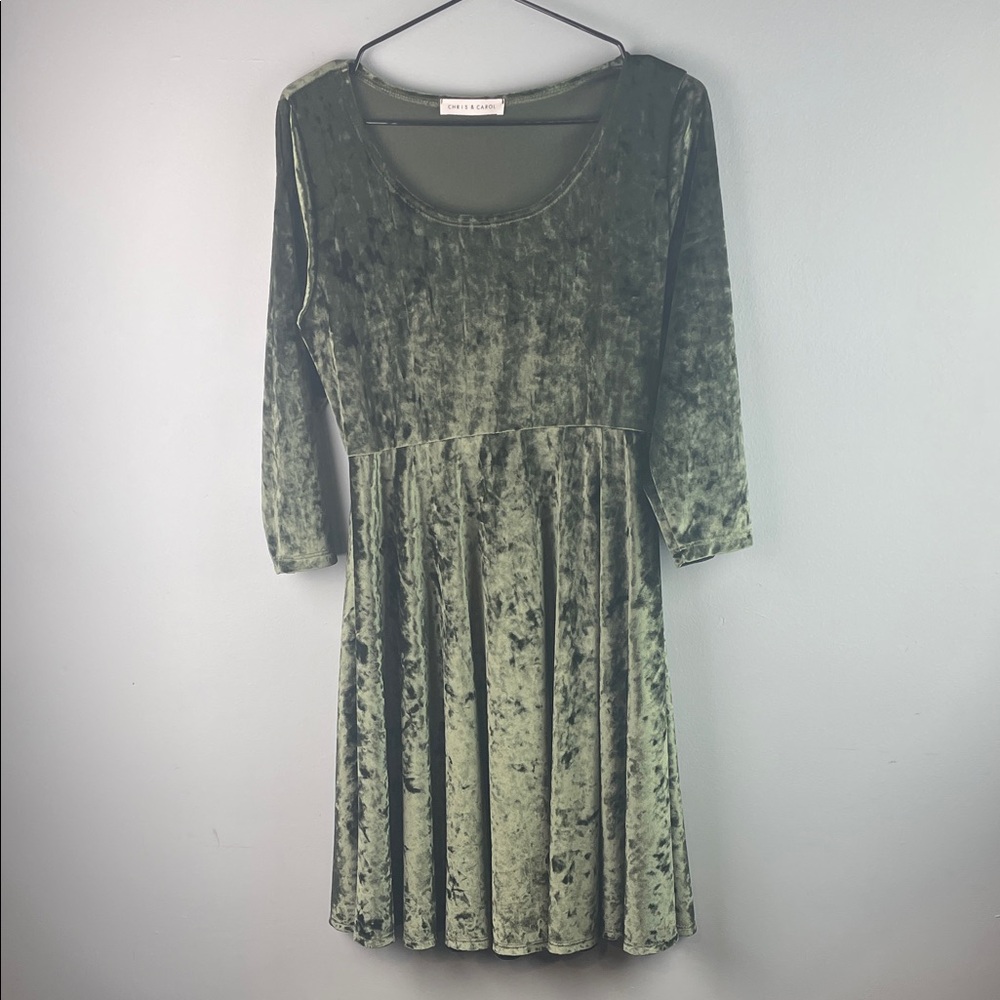 Chris & Carol Crushed Velvet Olive Green Scoop Neck Dress Size S